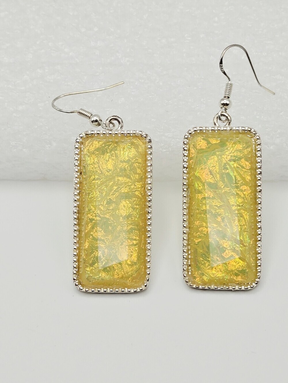 Yellow Iridescent Rectangle Drop Earrings With 925 Stering Hooks - Picture 7 of 14